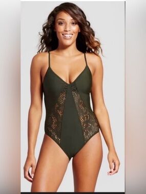 Mossimo Supply Co. Olive Green Lace-Panel One-Piece Swimsuit